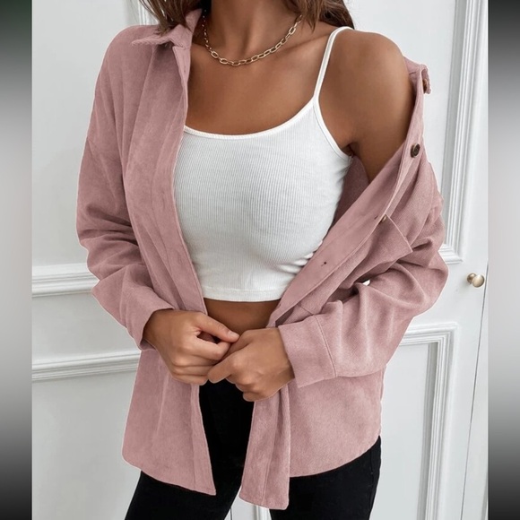 NWOT SHEIN Dusty Pink Corduroy Button Down Long Sleeve Shirt Women’s Size Small - Picture 1 of 9